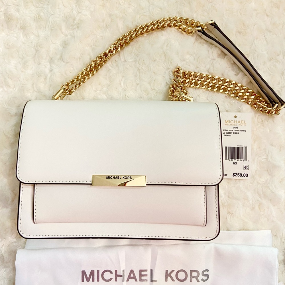 NWT MICHAEL KORS Jade Large Leather Crossbody Bag in Optic White